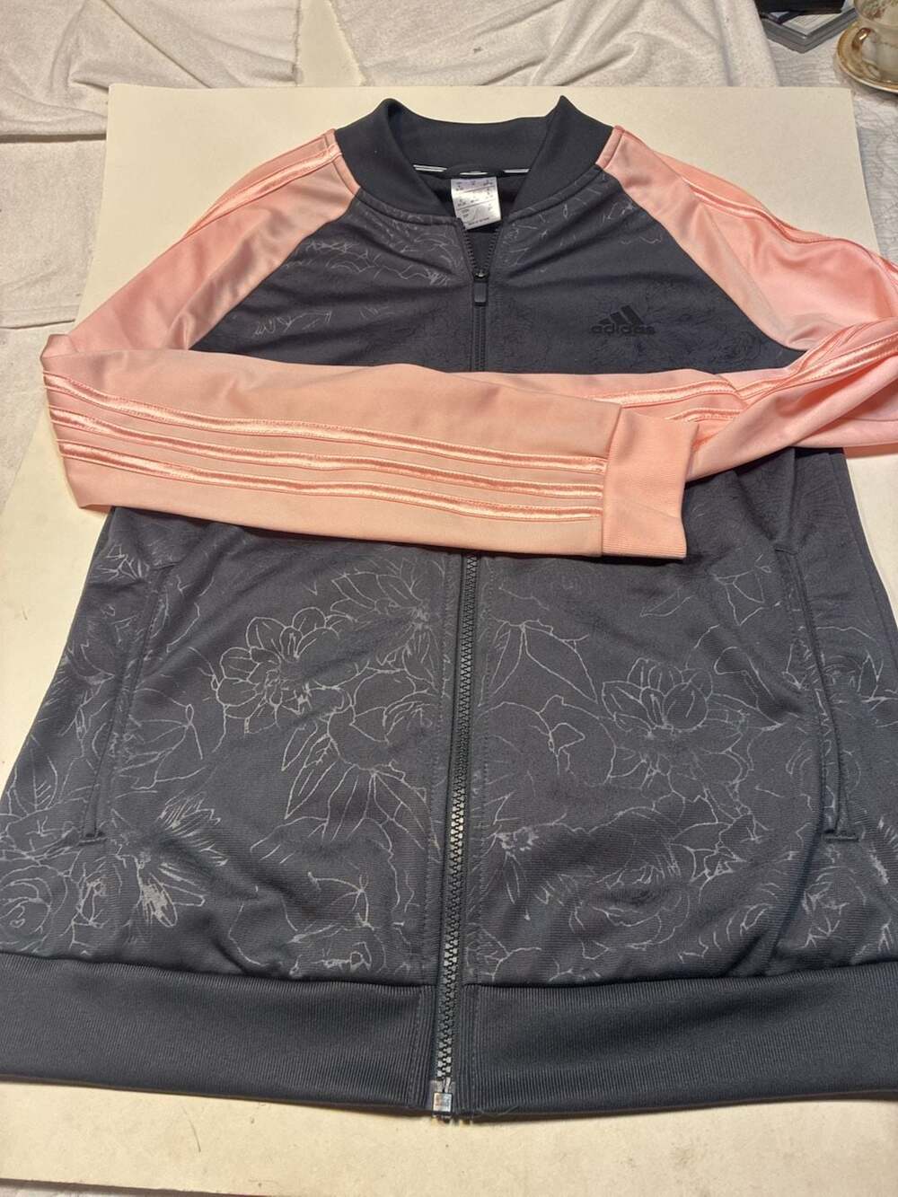 Adidas Floral Zip-Up Track Jacket Size S Gray Peach